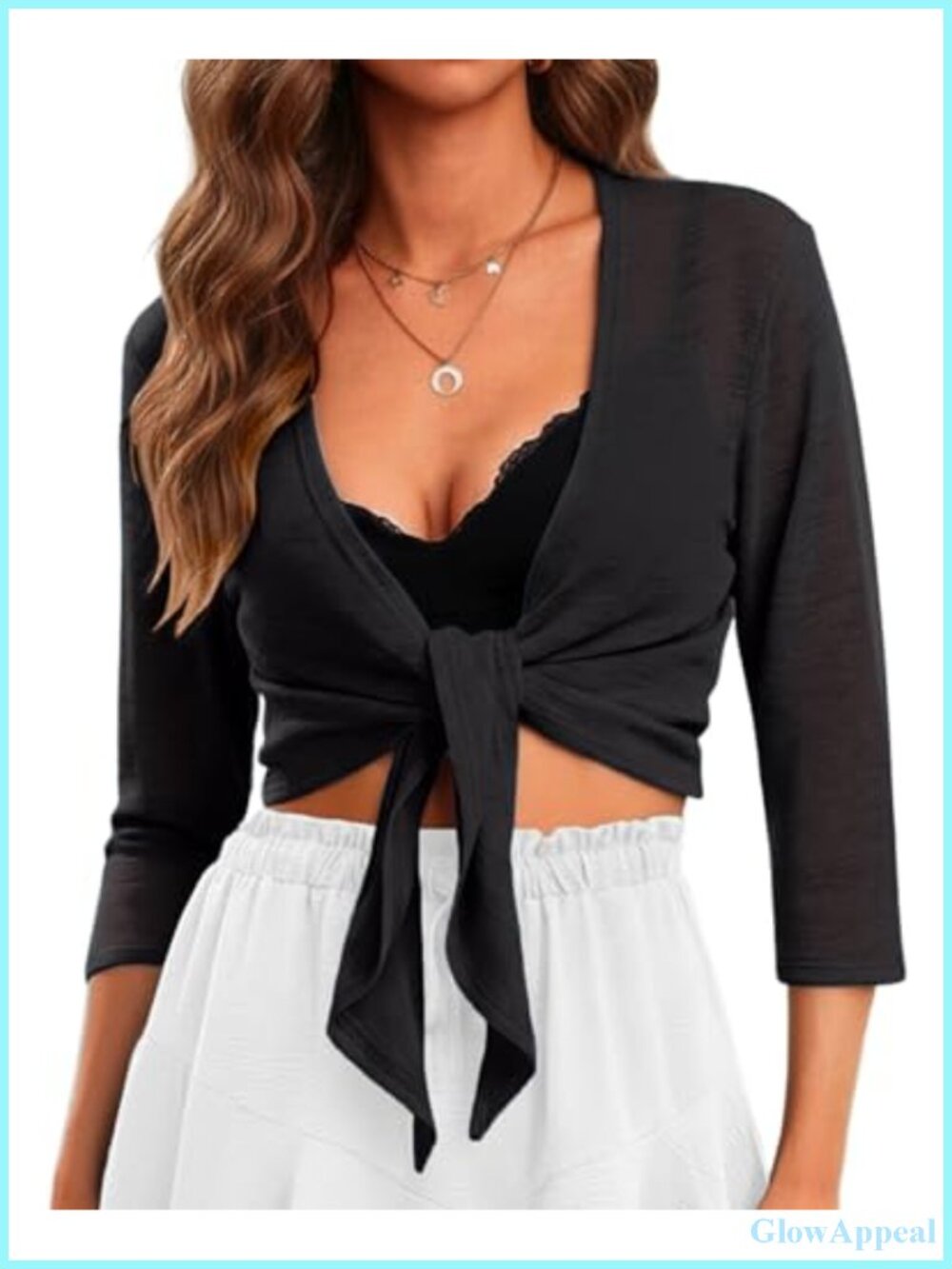 Women Tie Front Cropped Cardigan 3/4 Sleeve Lightweight Knit Bolero Shrug for